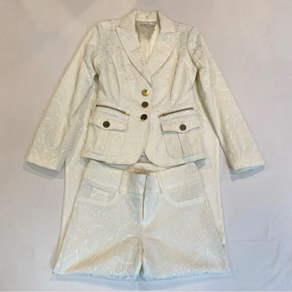 Cache Vintage 90s Y2K Elegant Brocade Cream Blazer and Flared Pants Set Size 6/8